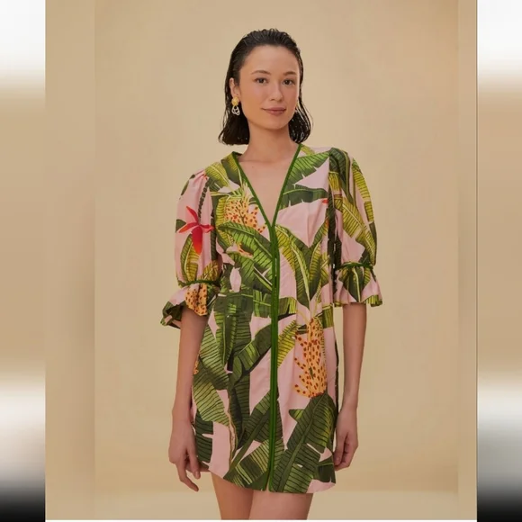Farm Rio Banana Leaves V-Neck Mini Dress - Picture 2 of 14